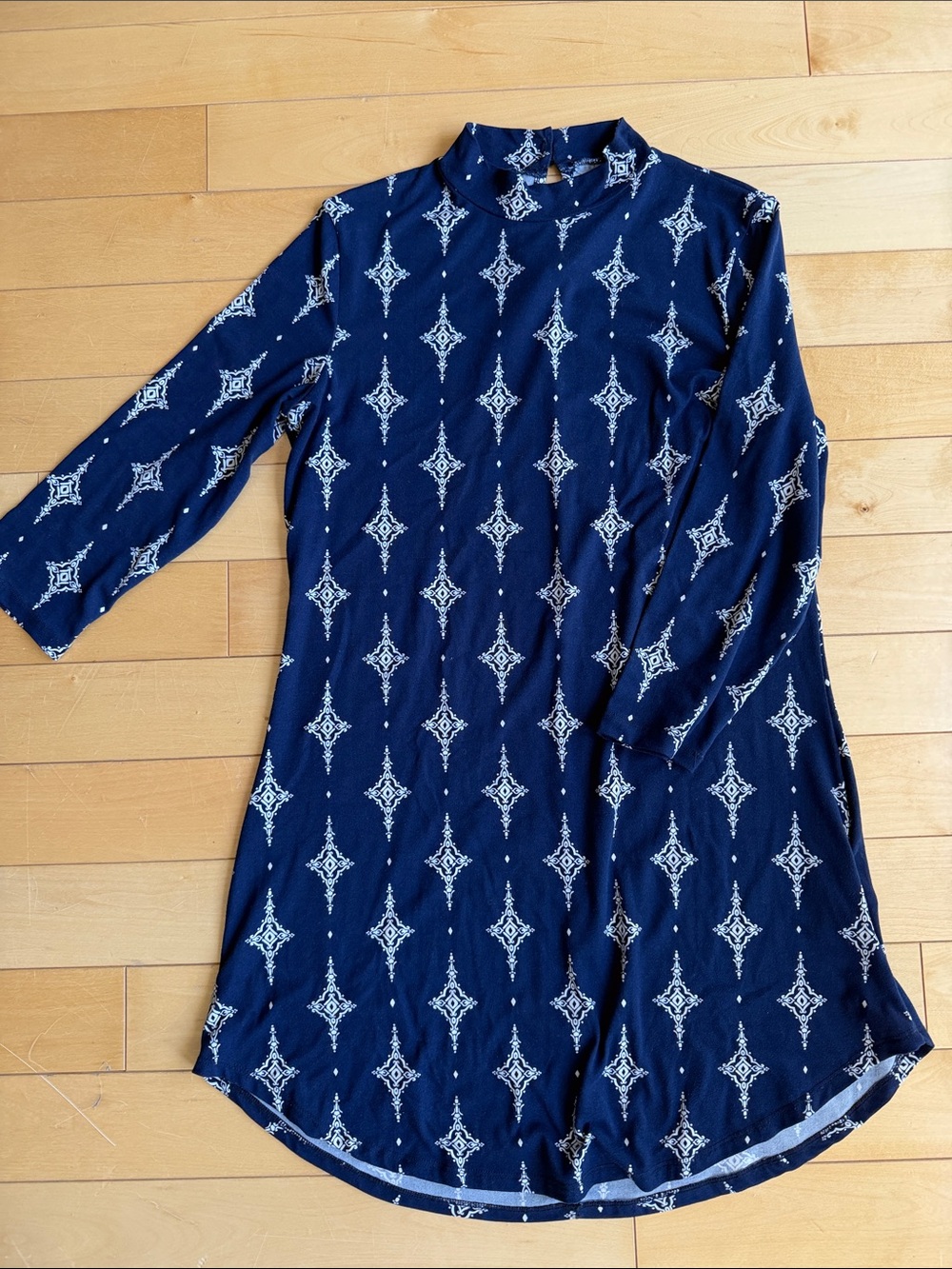 Navy Blue Patterned Long Sleeve Tunic Dress